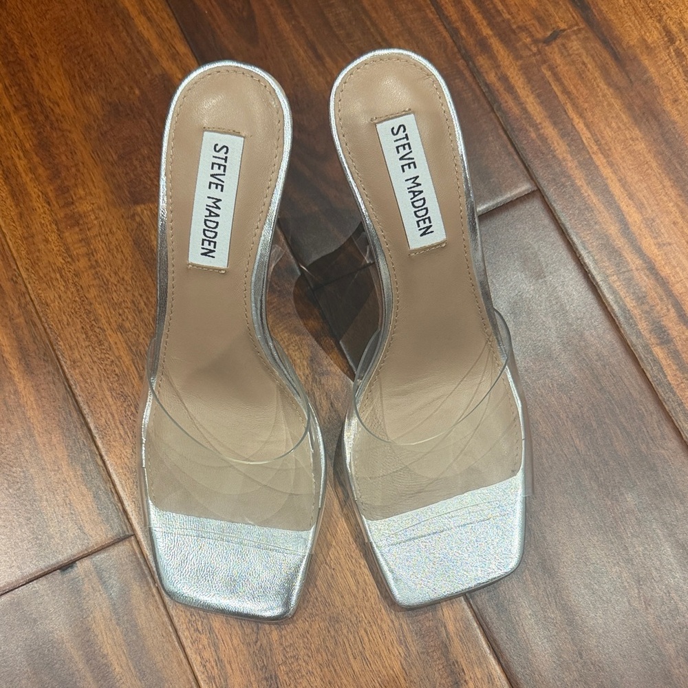 Steve Madden Silver Clear Square-Toe Slide Mules